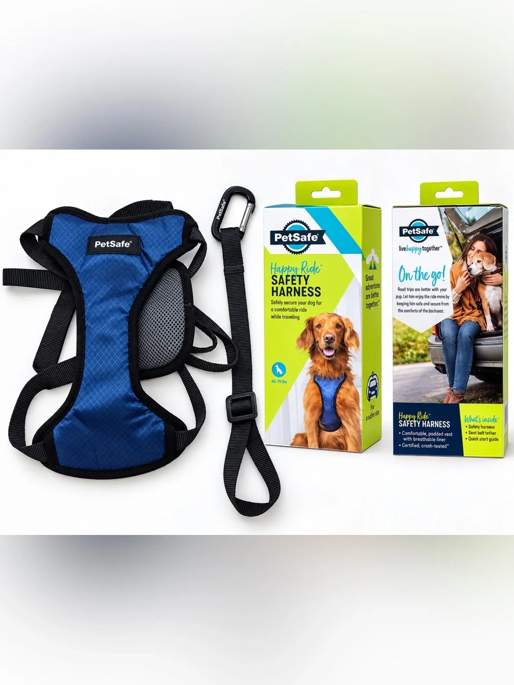 PetSafe Happy Ride Safety Harness Blue Dog Car Seat Belt Harness 40-75 lbs New